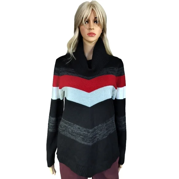 BCX Black, Red, and Gray Striped Cowl Neck Sweater - Picture 1 of 8
